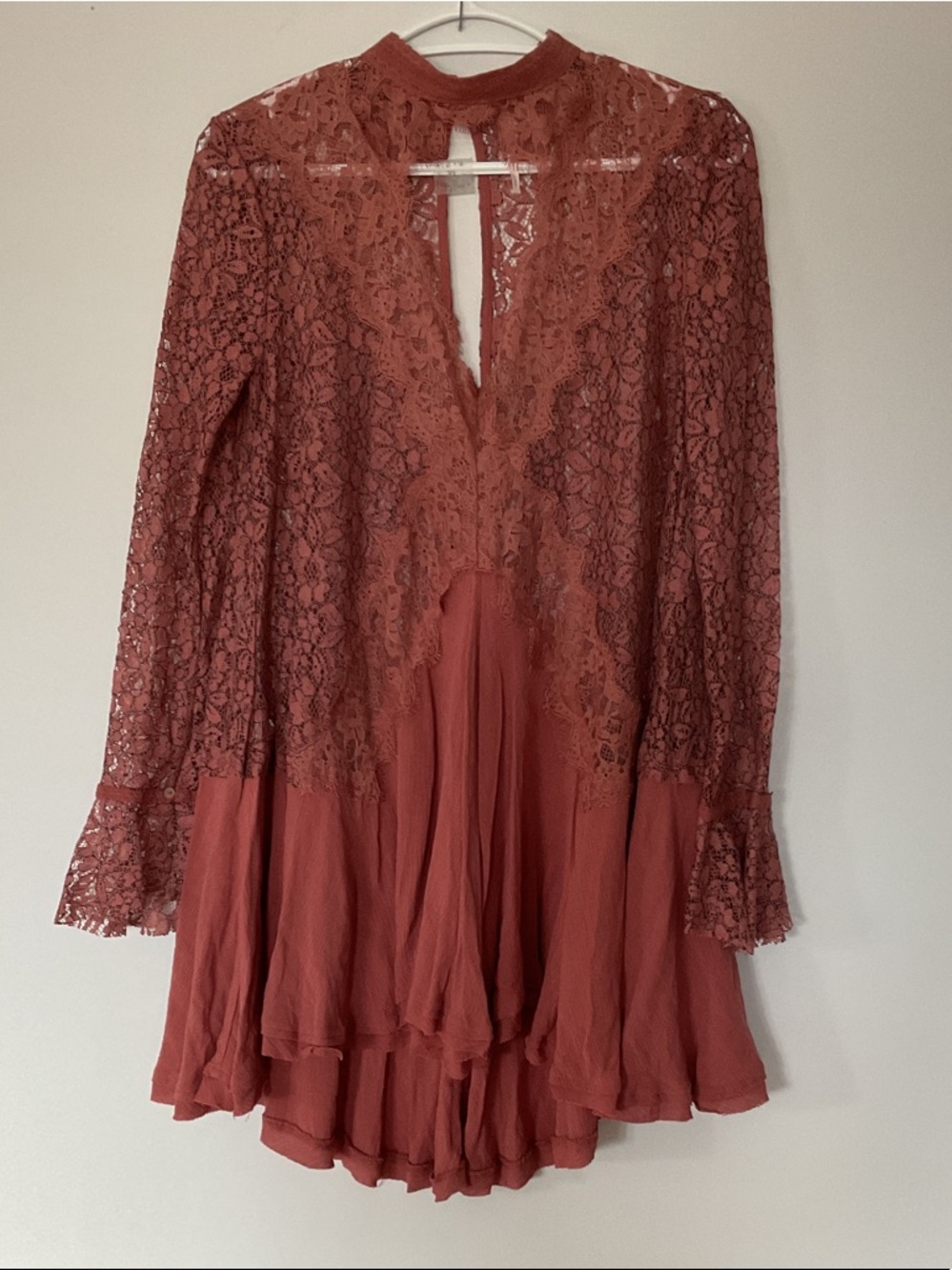 Free People Dusty Rose Lace Tiered Long-Sleeve Mini Dress